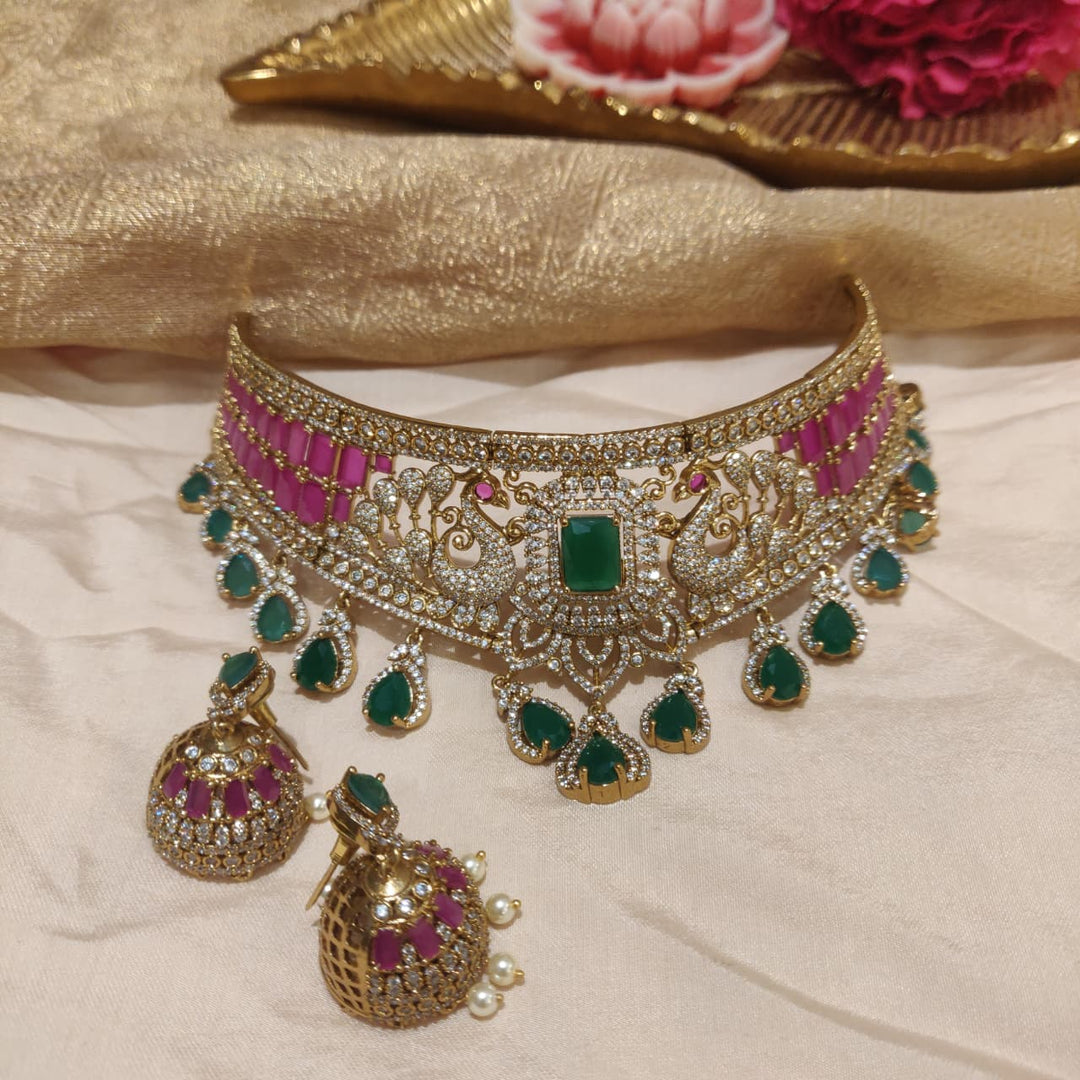 Timeless Ruby Green AD Stone Peacock Choker