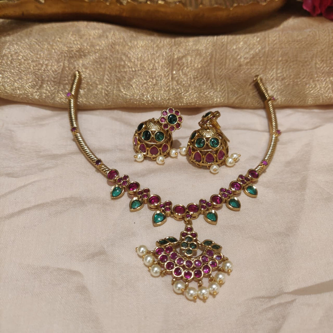 Radiant Ruby AD Stone Golden Necklace with White Beads