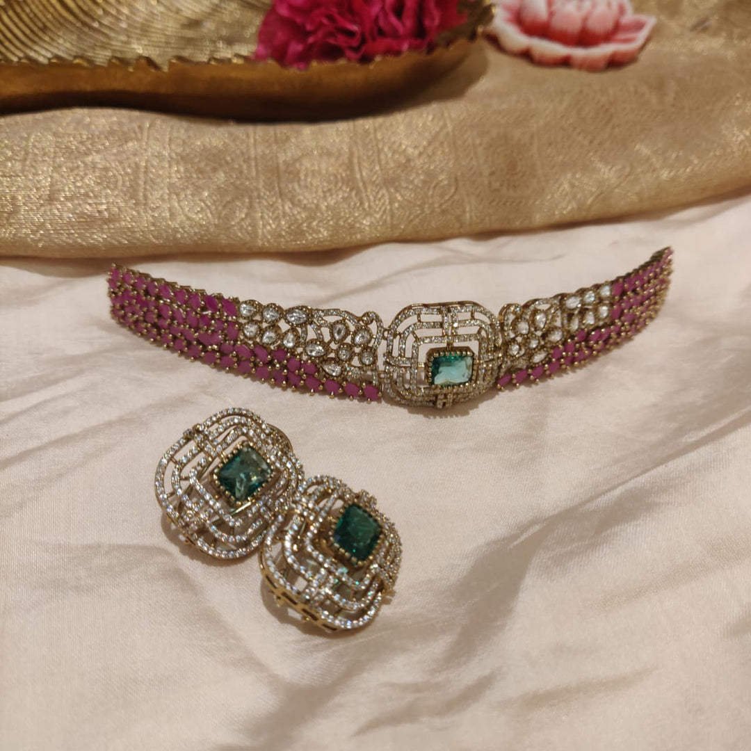 Lustrous Floral Crystal Ruby AD Stone Mint Choker