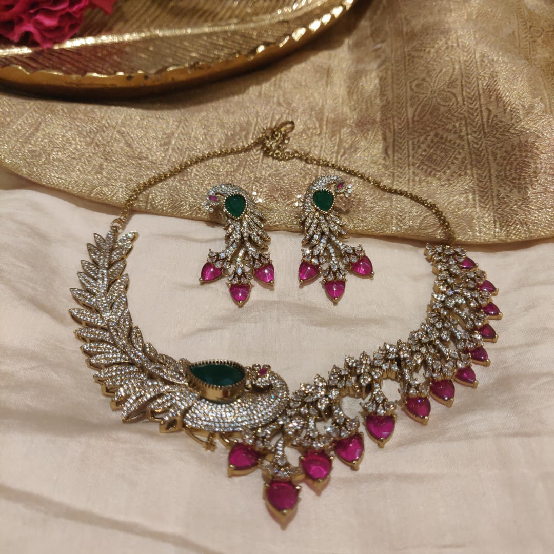 Lustrous Peacock AD Ruby Droplet Stone Necklace