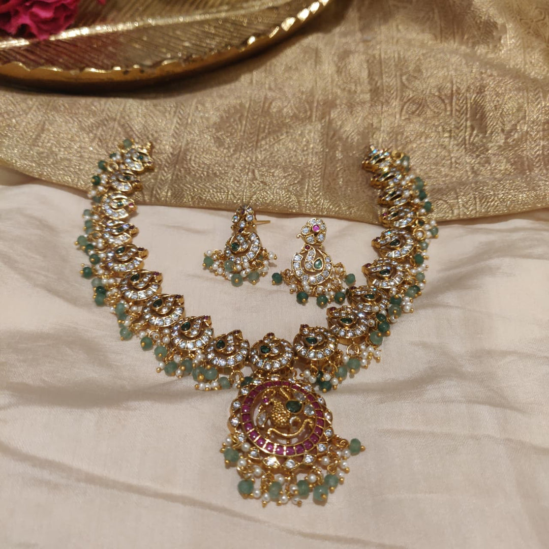 Exquisite Jadau Stone Peacock Necklace with Lightgreen Beads