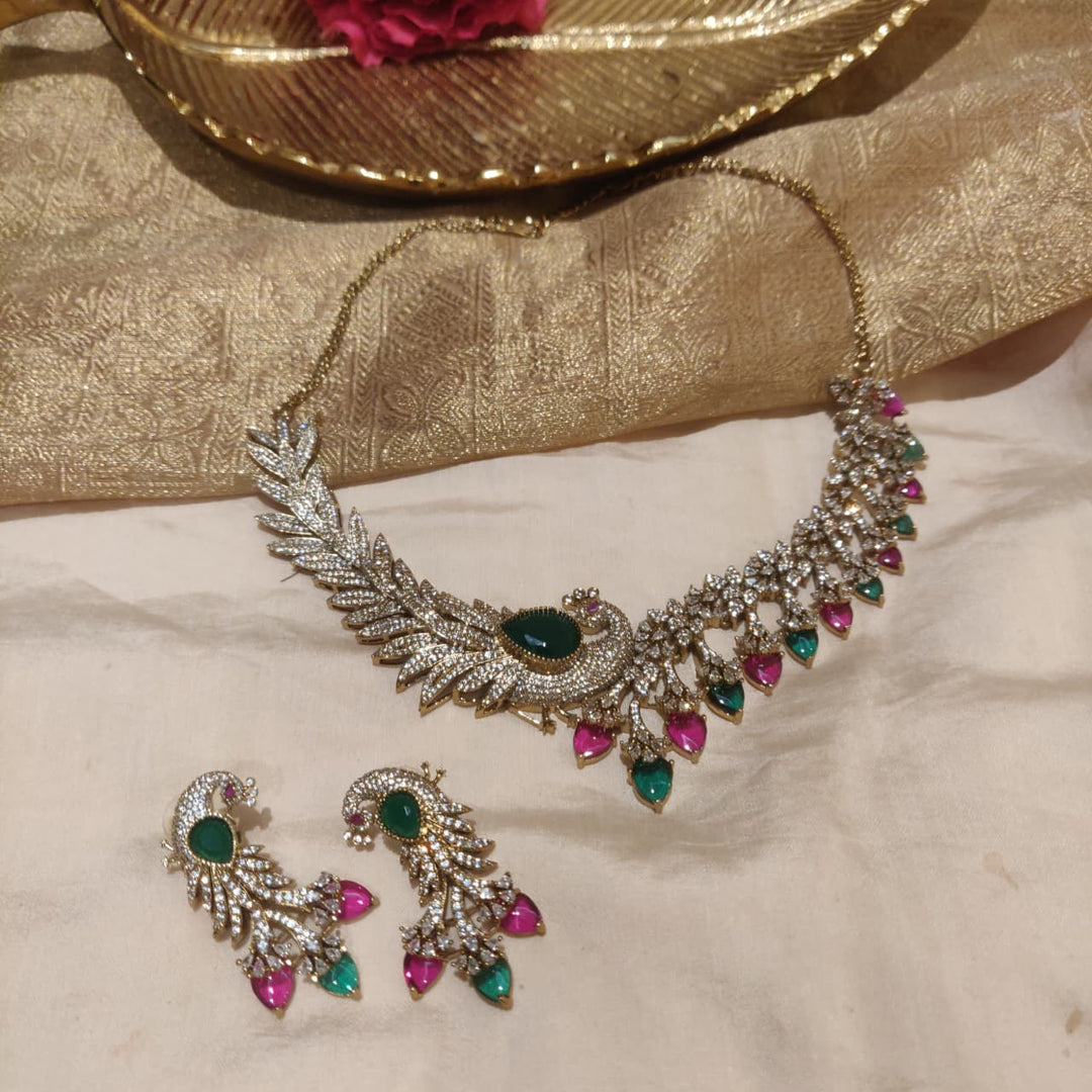 Opulent AD Mint Ruby Stone Peacock Necklace