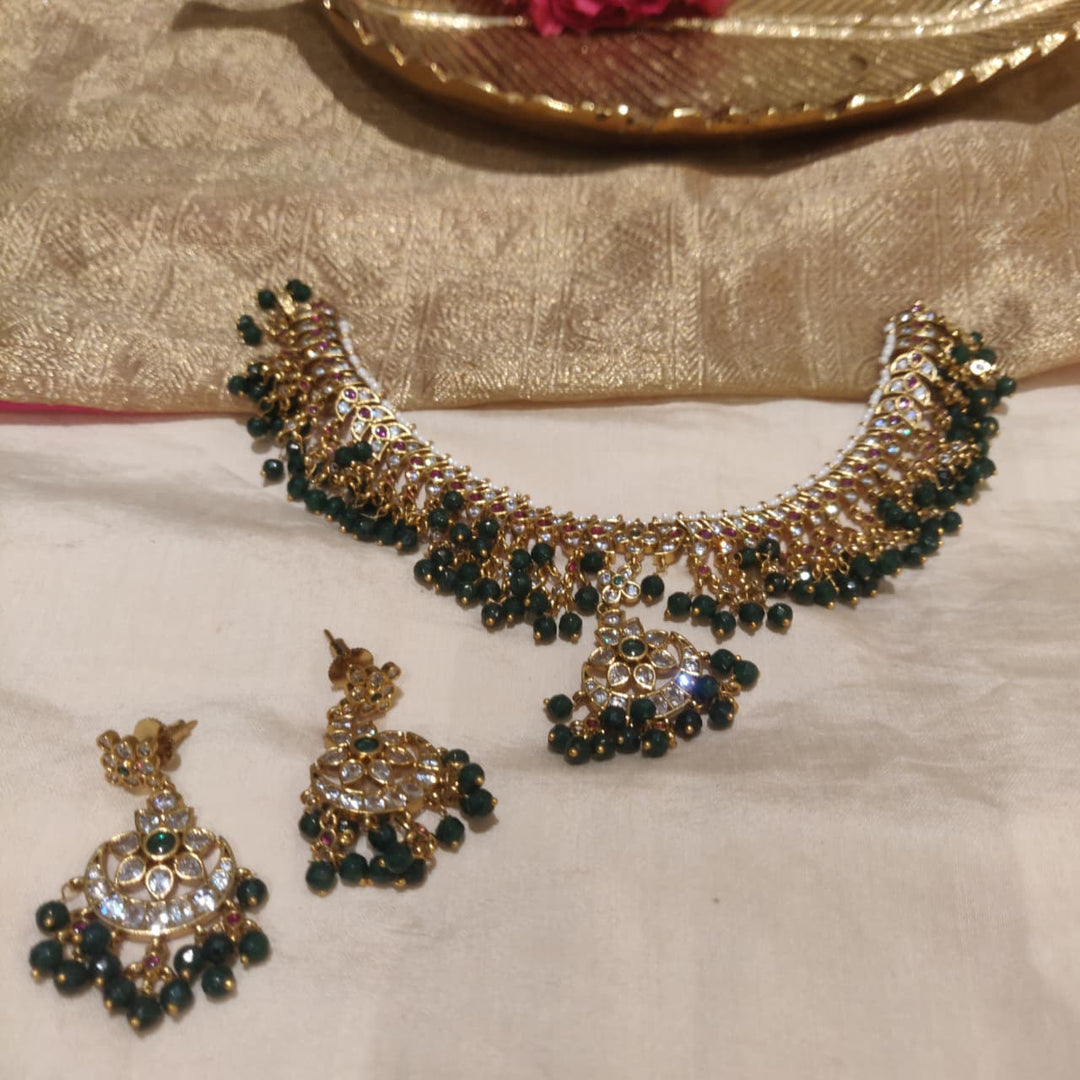Lustrous Floral AD Stone Choker with Green Beads