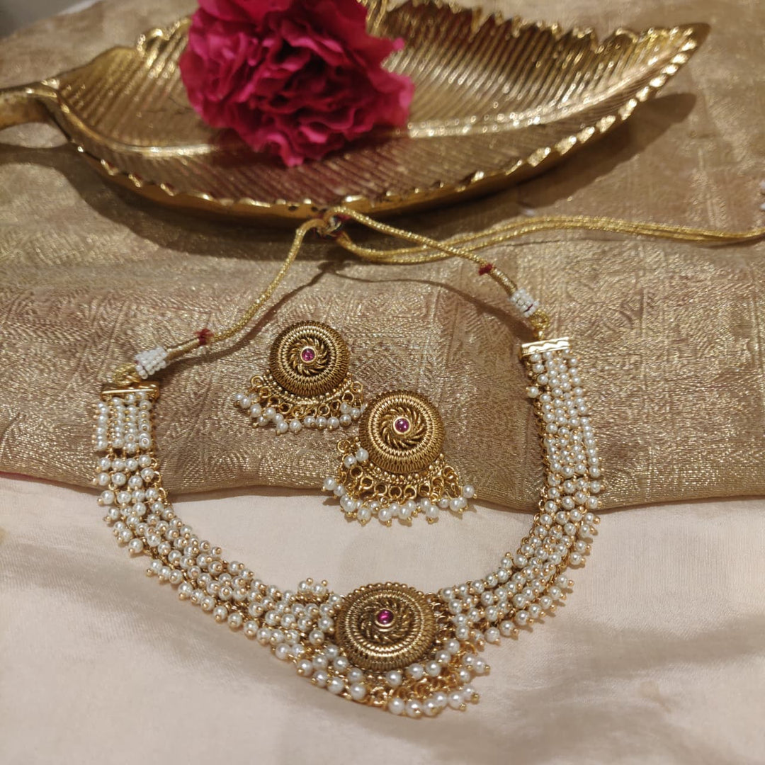 Elegant Floral Golden Pearls Necklace
