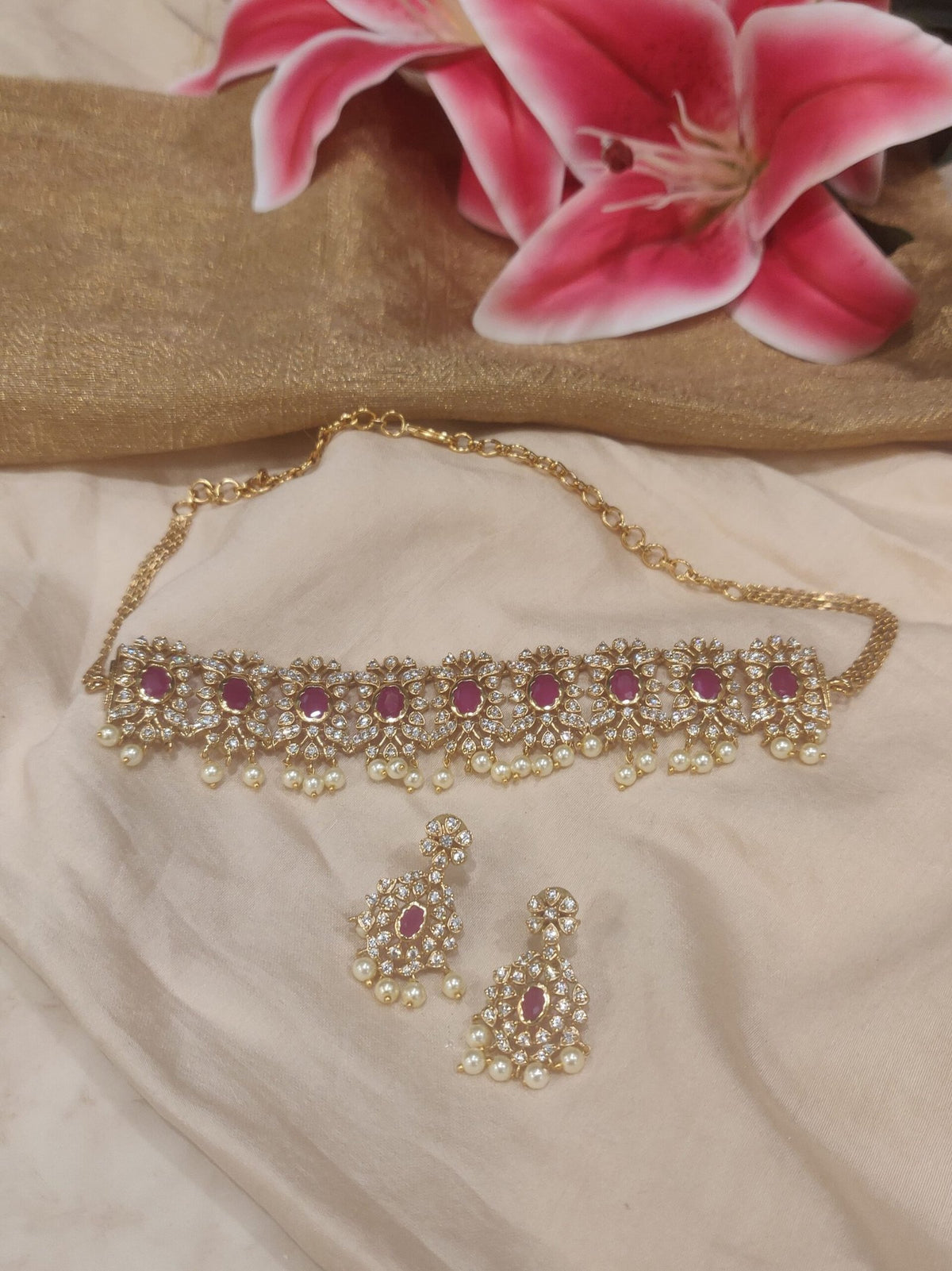 Ruby stone choker with white beads
