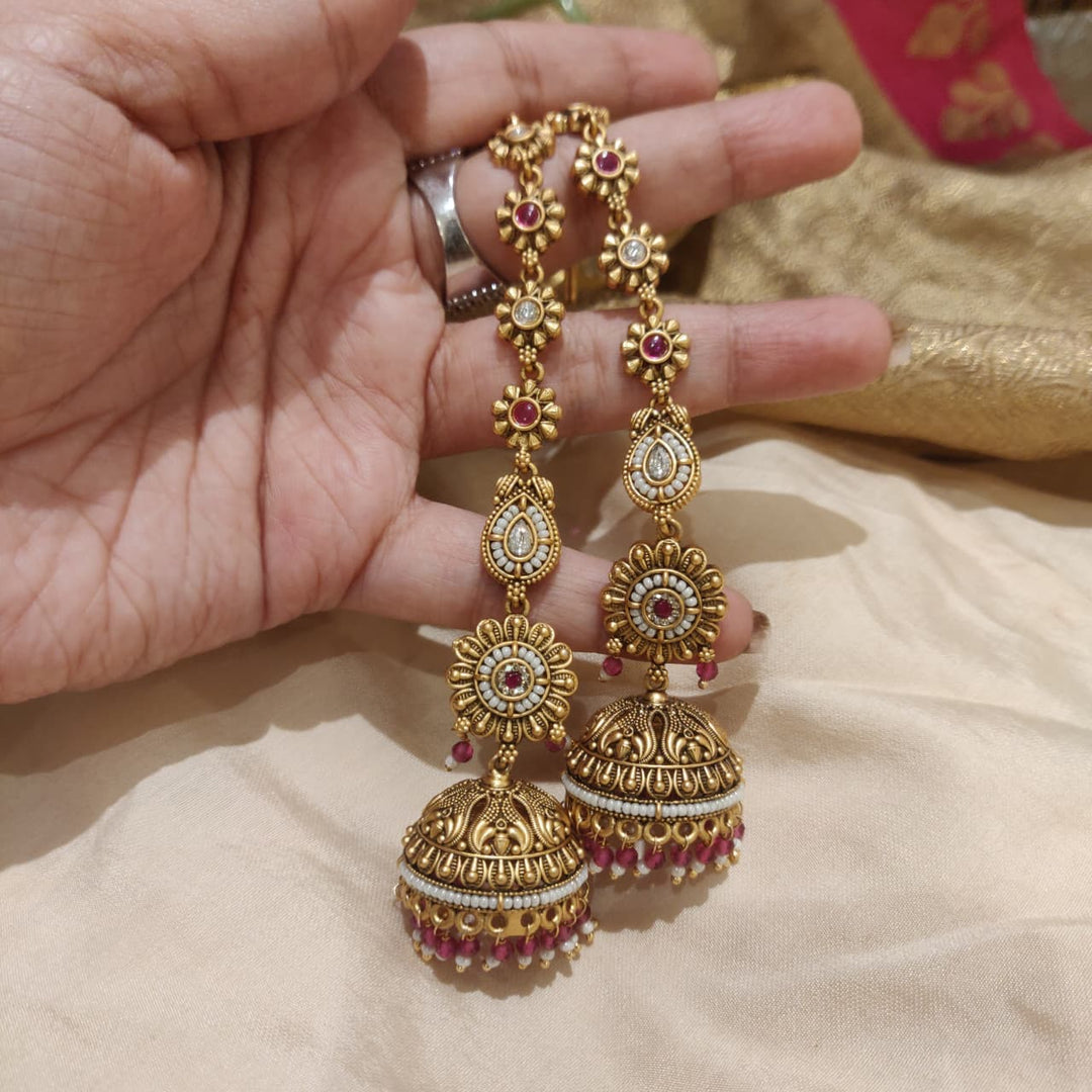 Regal Floral Droplet Jhumka with Red Beads