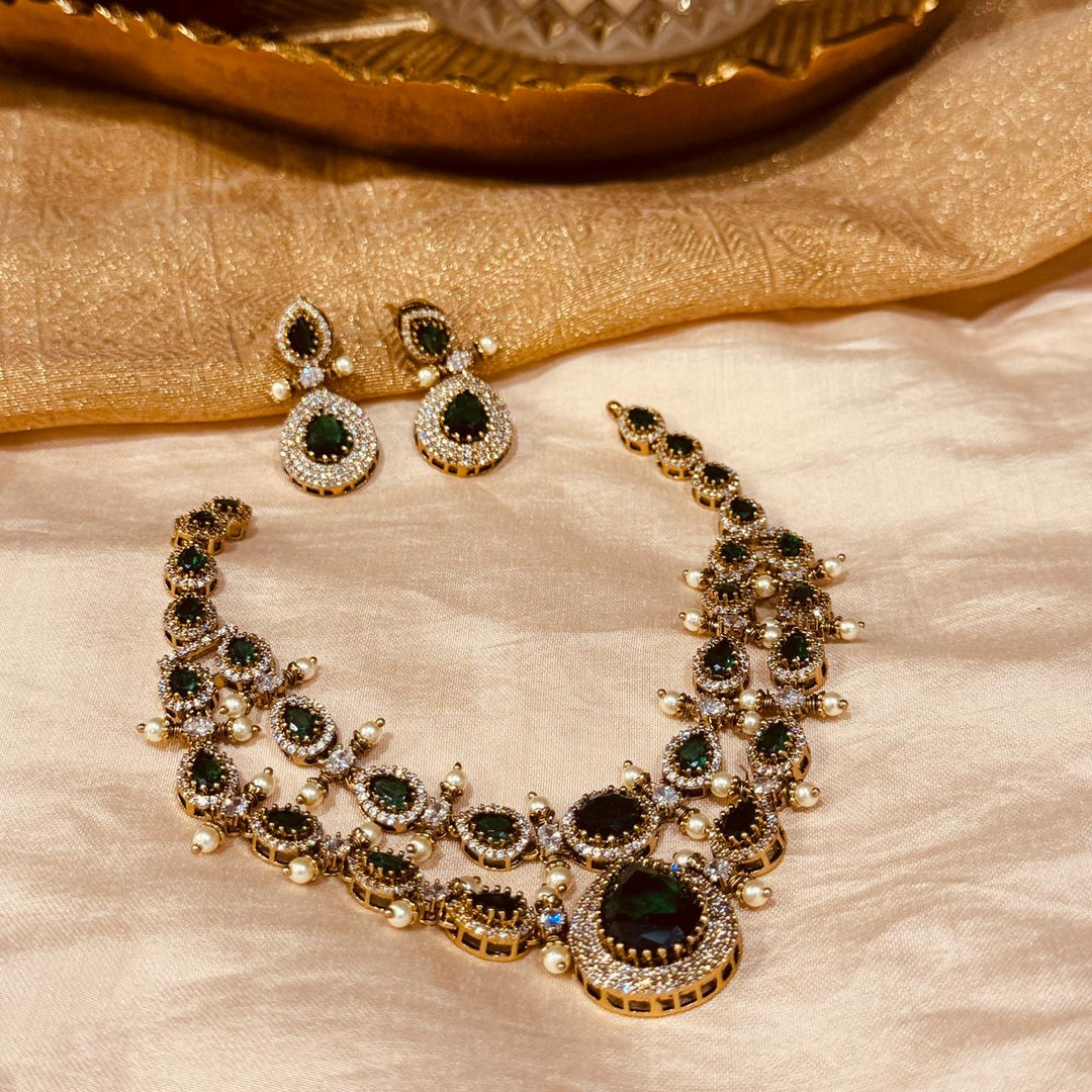 Regal Green AD Stone 2 Layer Short Necklace