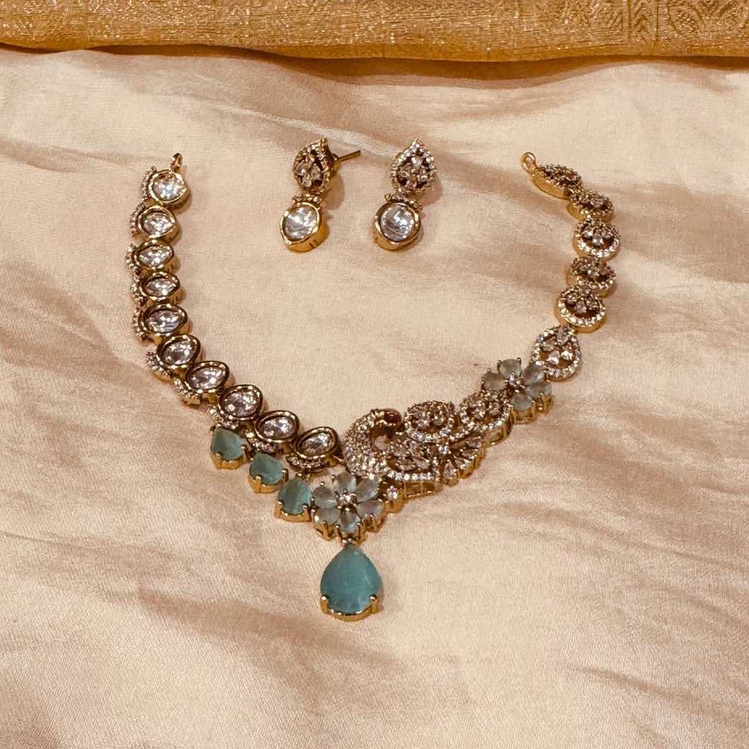 Grand Crystal Mint AD Stone Peacock Necklace