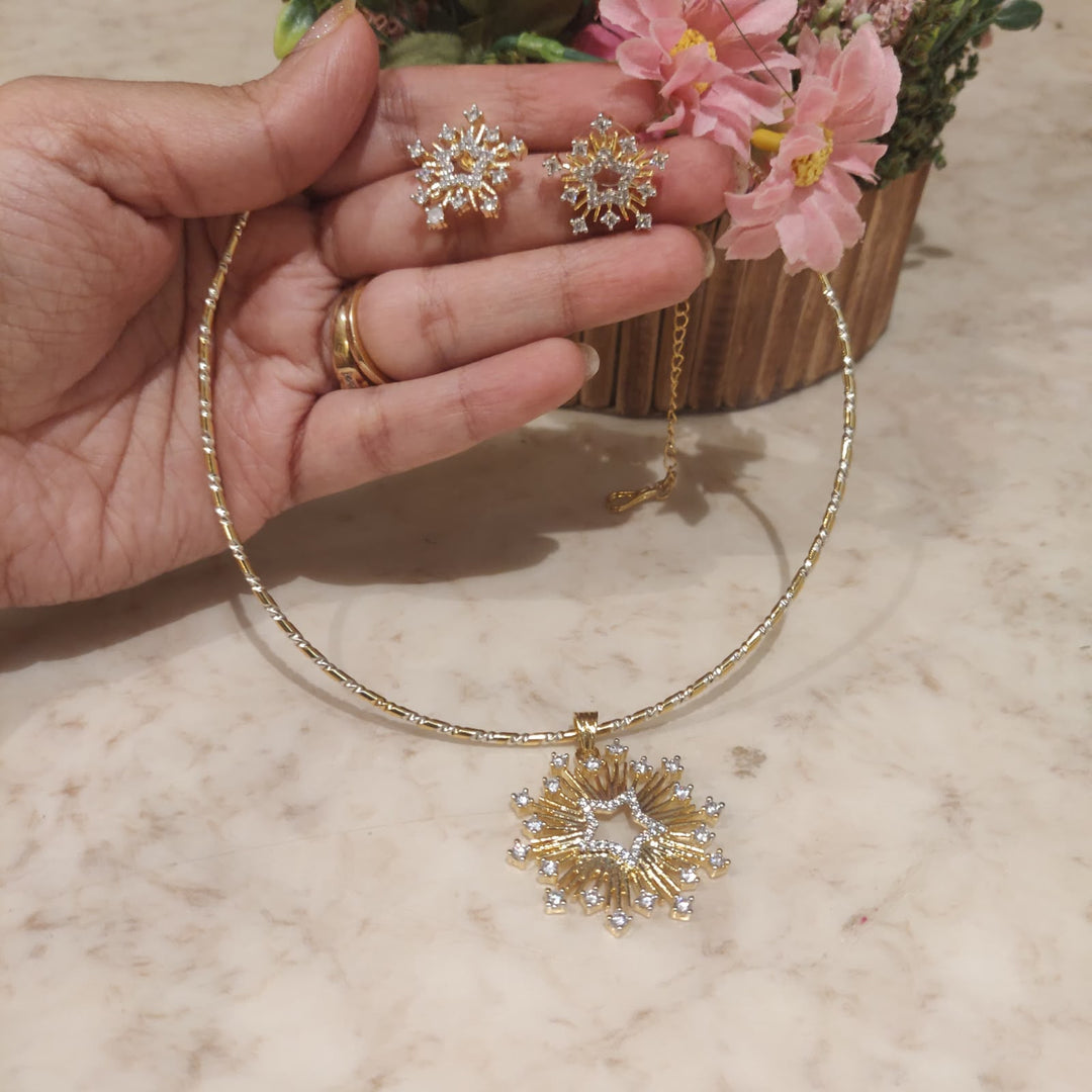 Whimisical Golden CZ Floral Star Pendant Pipe Necklace