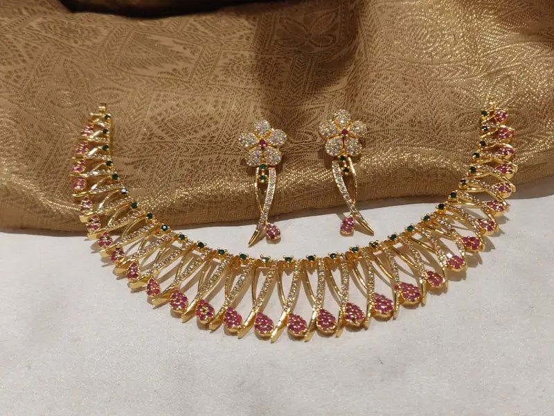 Gold finish ruby & emerald drop necklace set