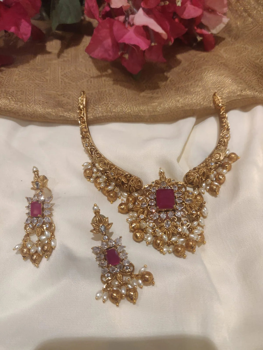 Designer Ruby Pendant Gold Plated Crystal Styled Short Bridal Necklace