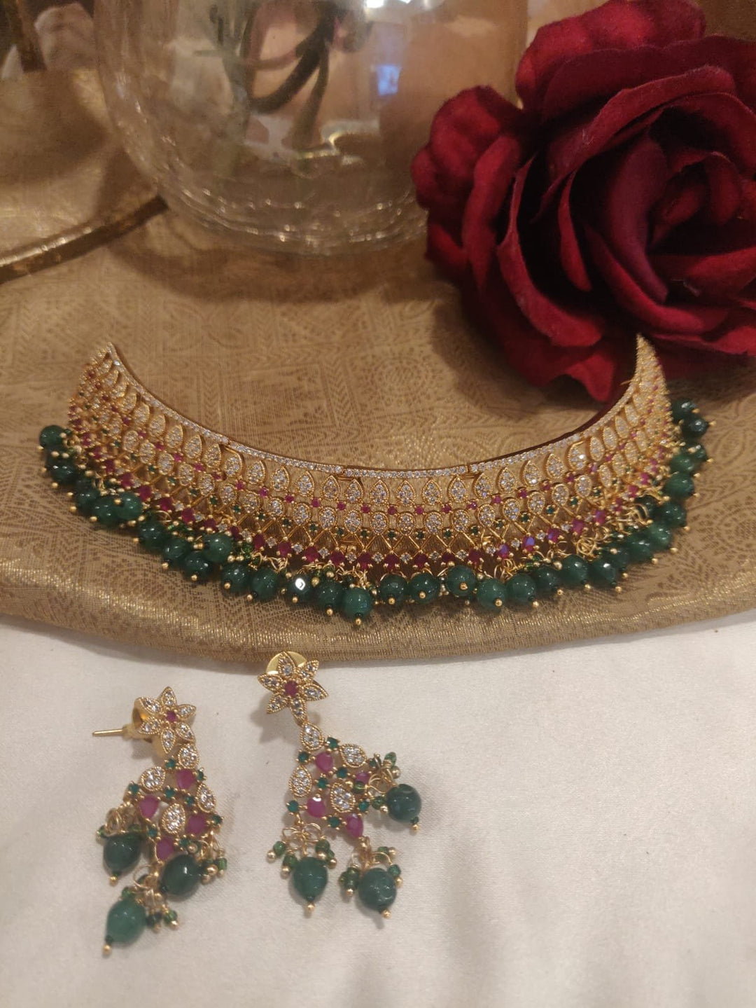 Beautiful Dark Green Beads Styled AD Choker