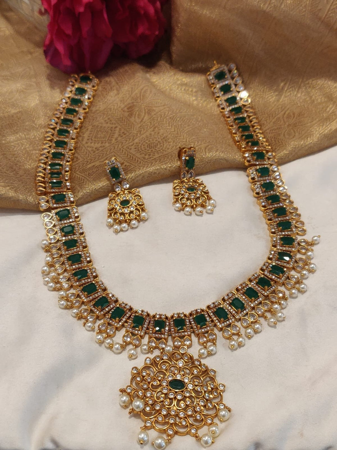 Premium Designer Long Green AD Necklace
