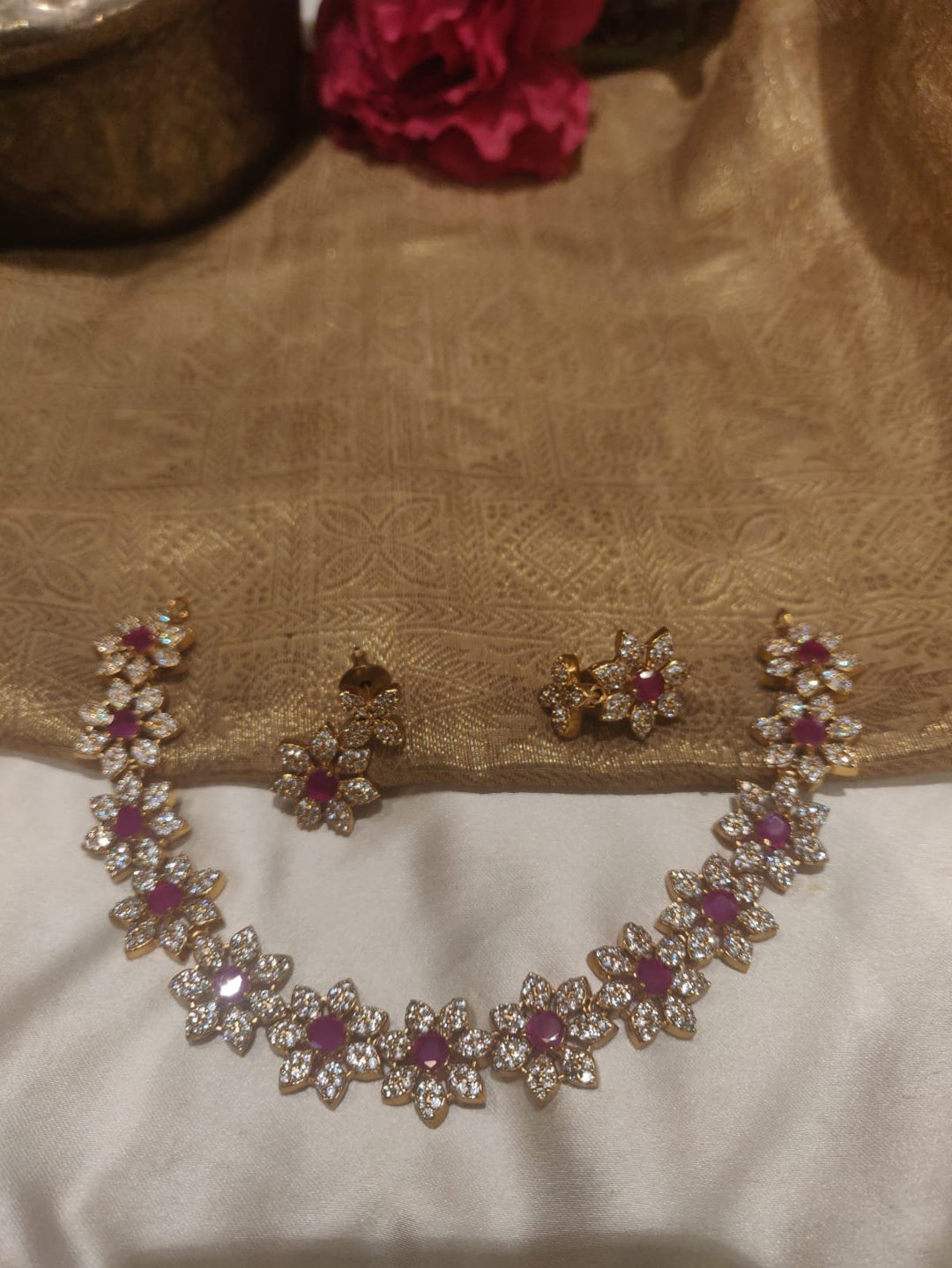 Premium Ruby Styled Floral Design AD Short Necklace