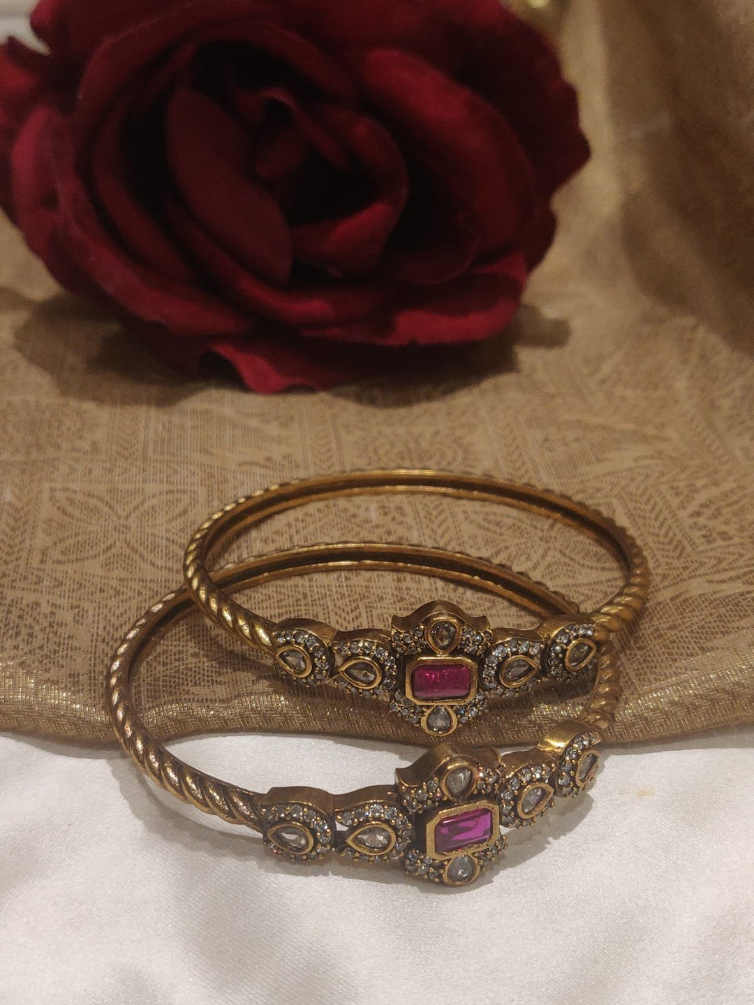 Beautiful Ruby Fitted AD Styled Antique Brass Bangles - Kada