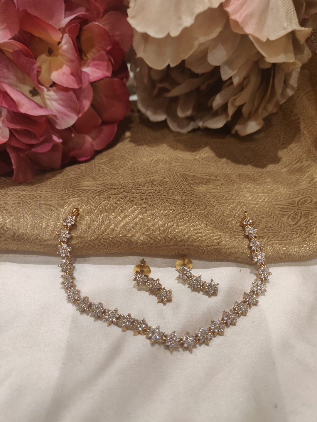 Beautiful Gold Finish Floral Design AD Brass Short Necklace
