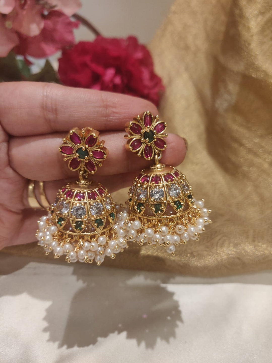 Classic Floral Design Pearl Styled AD Fitted Brass Earrings
