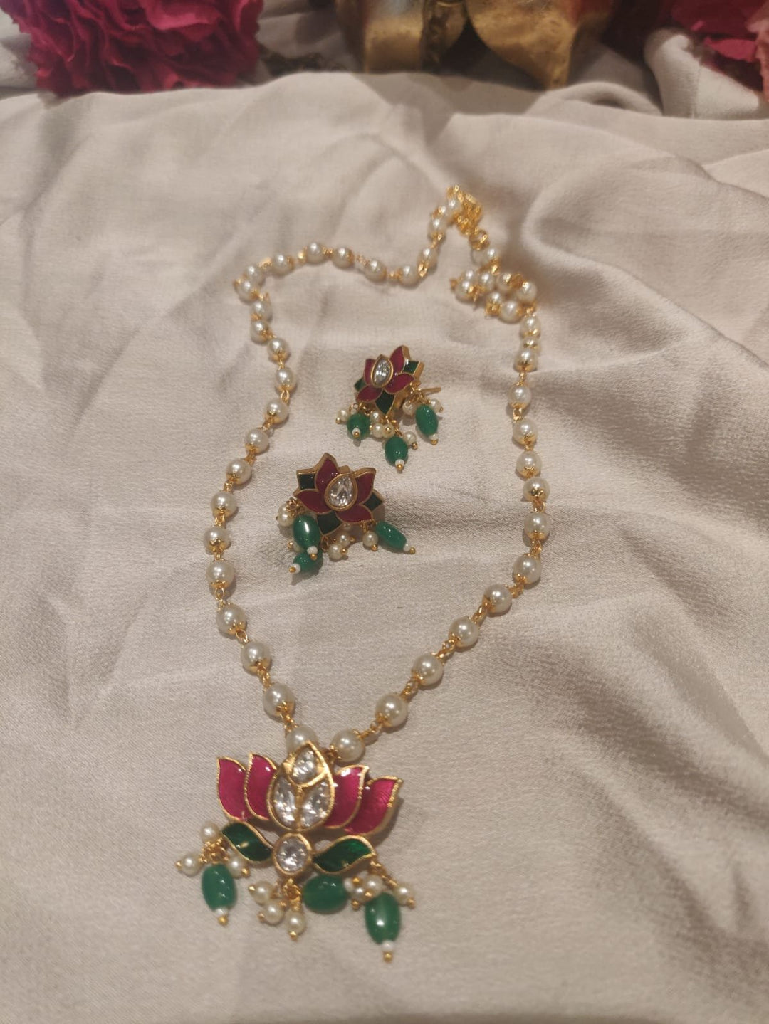 Handcrafted Green Beads Styled Meenakari Lotus Pendant Pearl Necklace