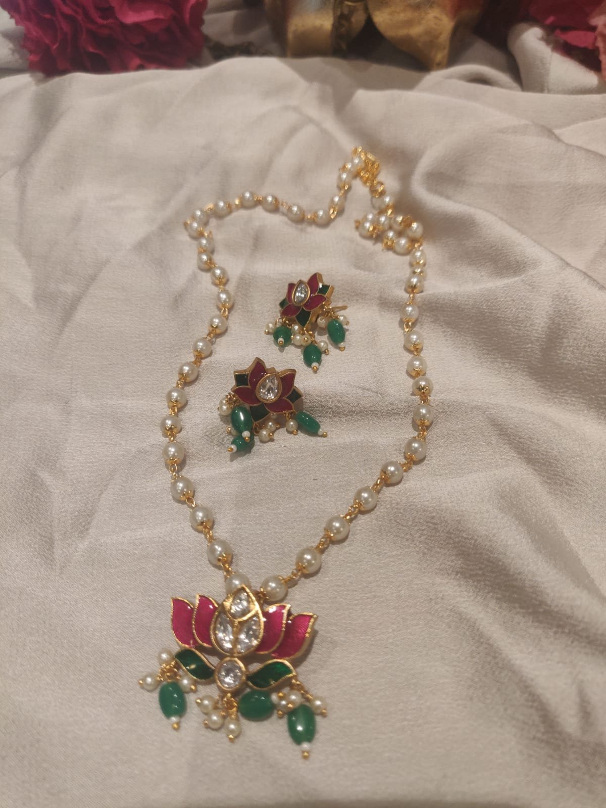 Handcrafted green beads styled meenakari lotus pendant pearl necklace