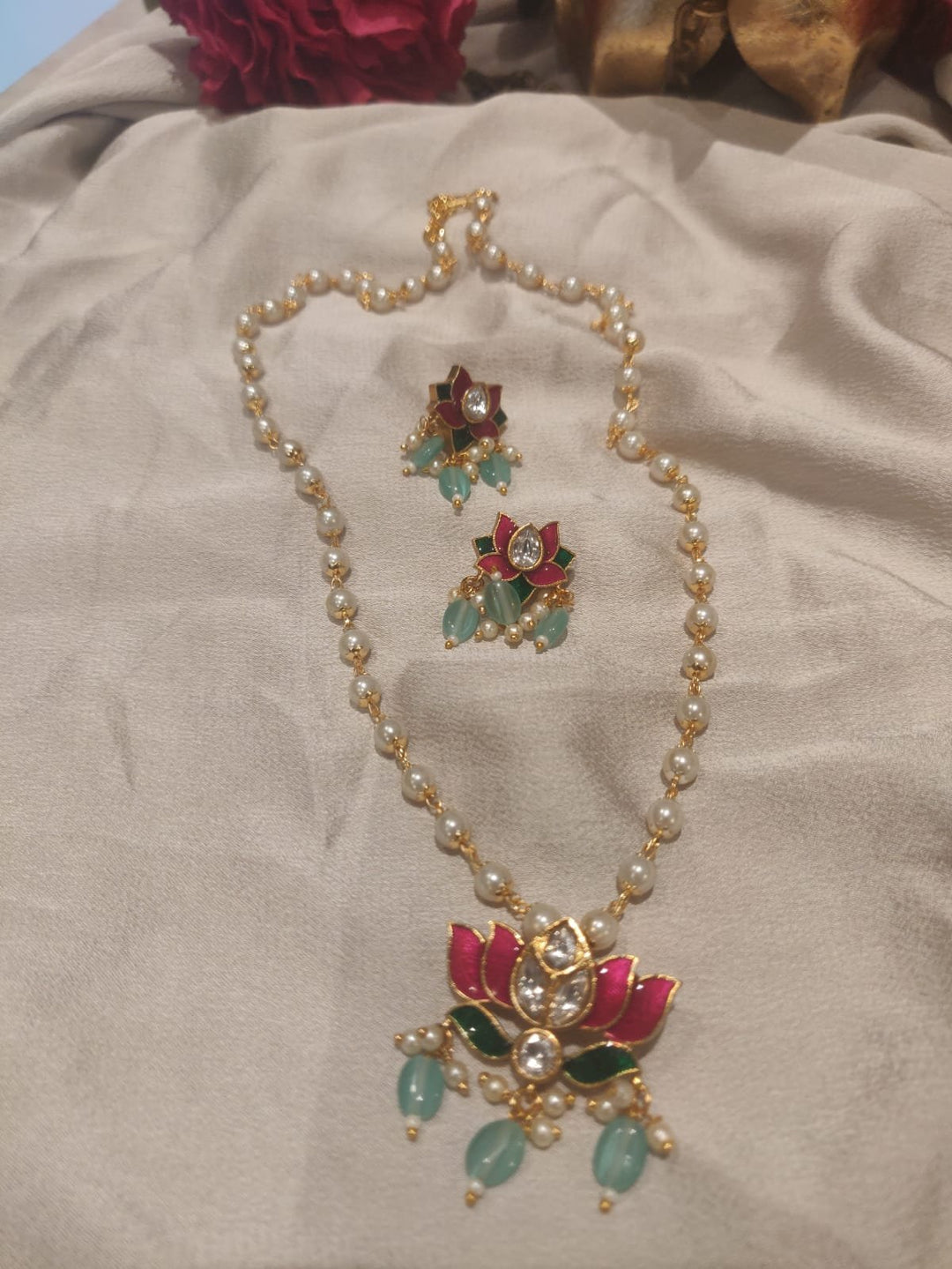 Handcrafted Blue Beads Styled Meenakari Lotus Pendant Pearl Necklace