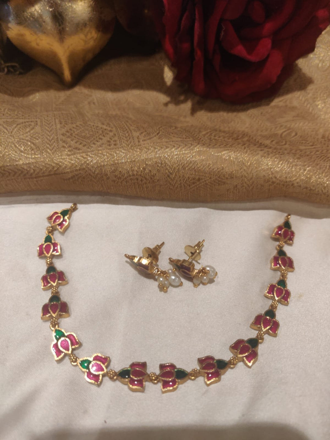 Premium Meenakari Lotus Design Short Necklace