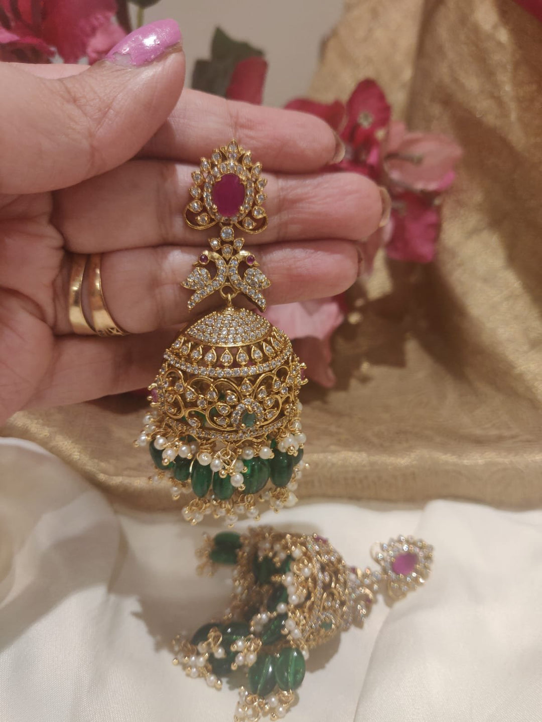 Classic Green Beads Styled Peacock Design Ruby Fitted AD Jhumka - Earrings
