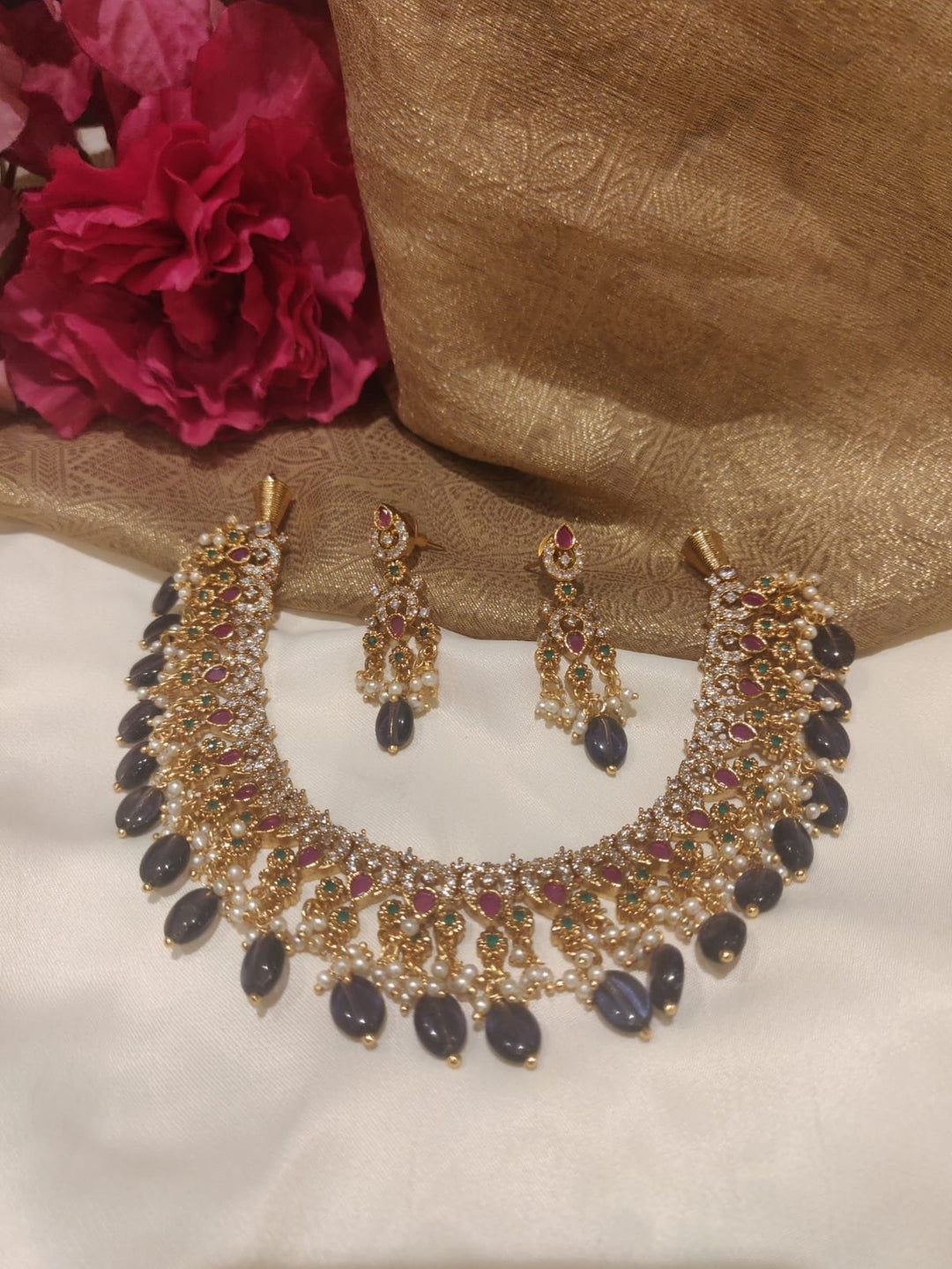 Beautiful Purple Beads Styled Ruby Fitted AD Brass Short Necklace