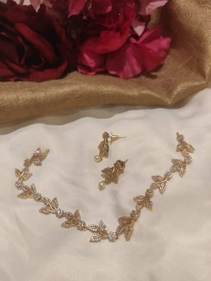 Magnificent Tree Design Gold Finish Brass AD Short Necklace