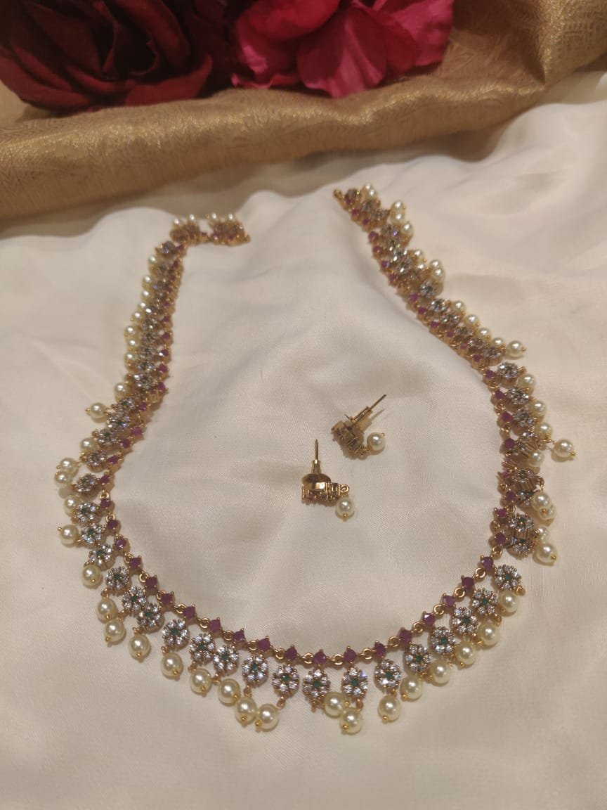 EJ Premium Floral Art Design Pearl Styled AD Long Necklace