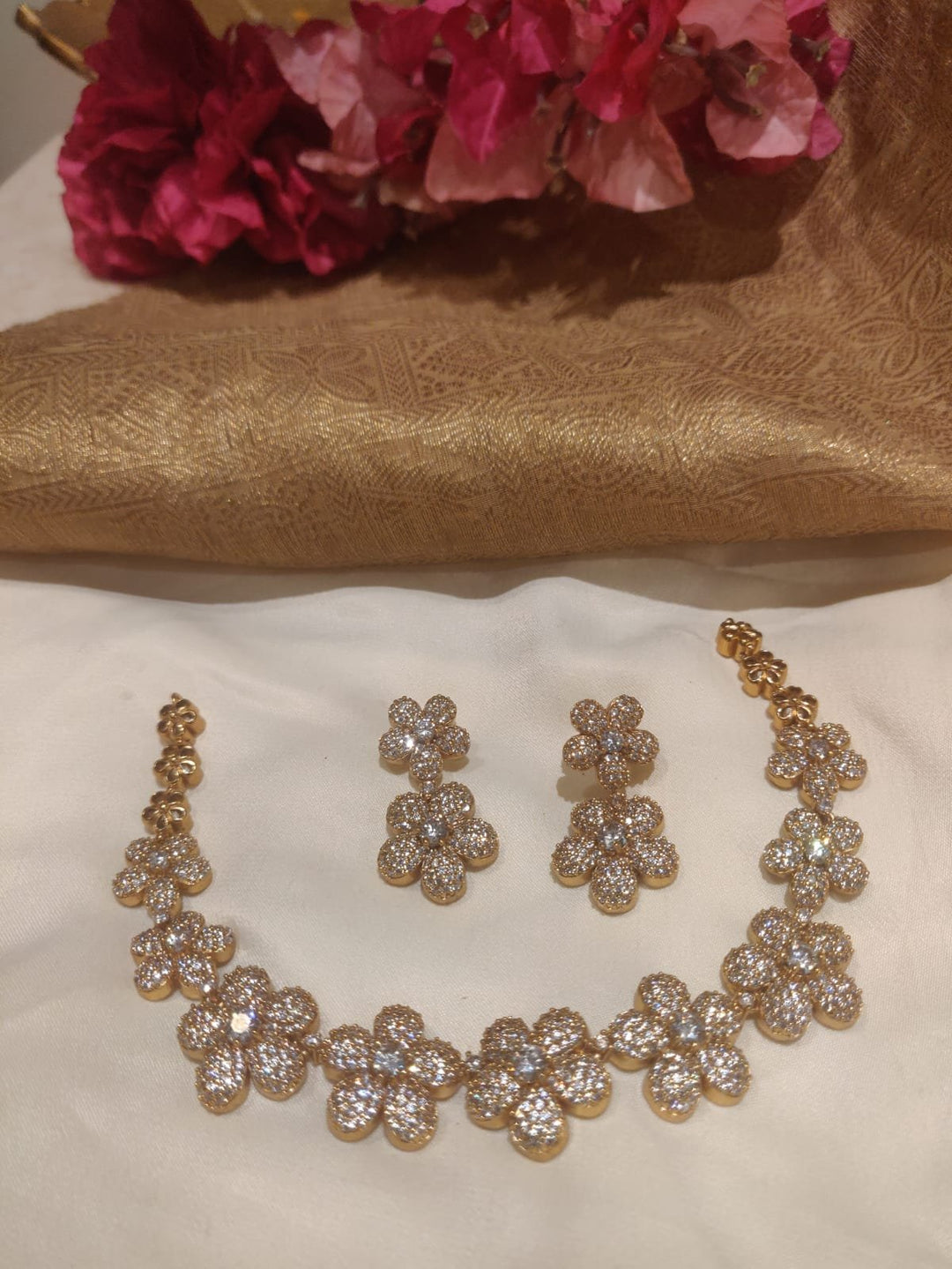 Classic Floral Design Gold Finish AD Studded Brass Short Necklace
