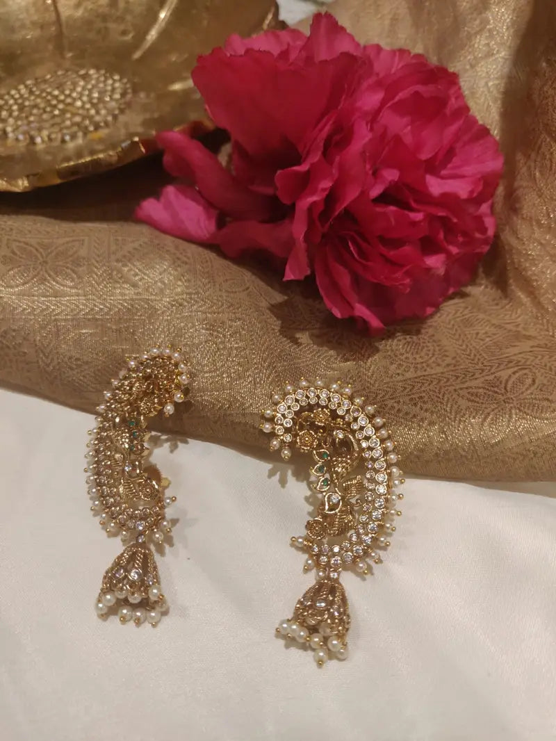 Graceful peacock design gold plated pearl styled ad earrings