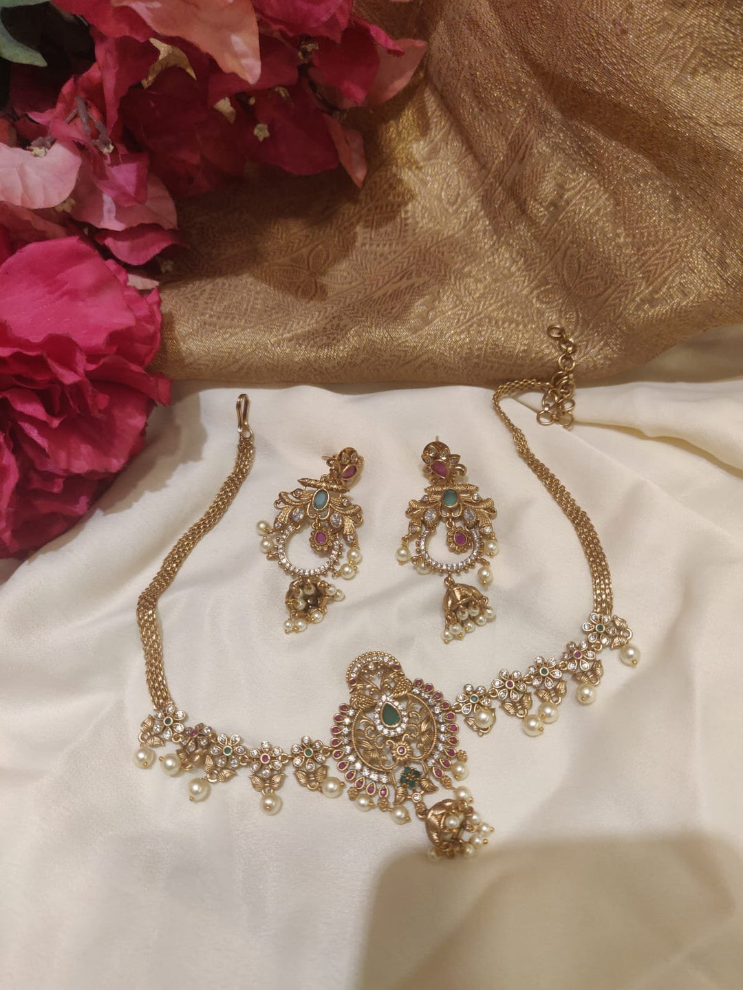 Opulent Handcrafted Gold Finish Pearl Styled Floral Design Foxtail Chain Choker