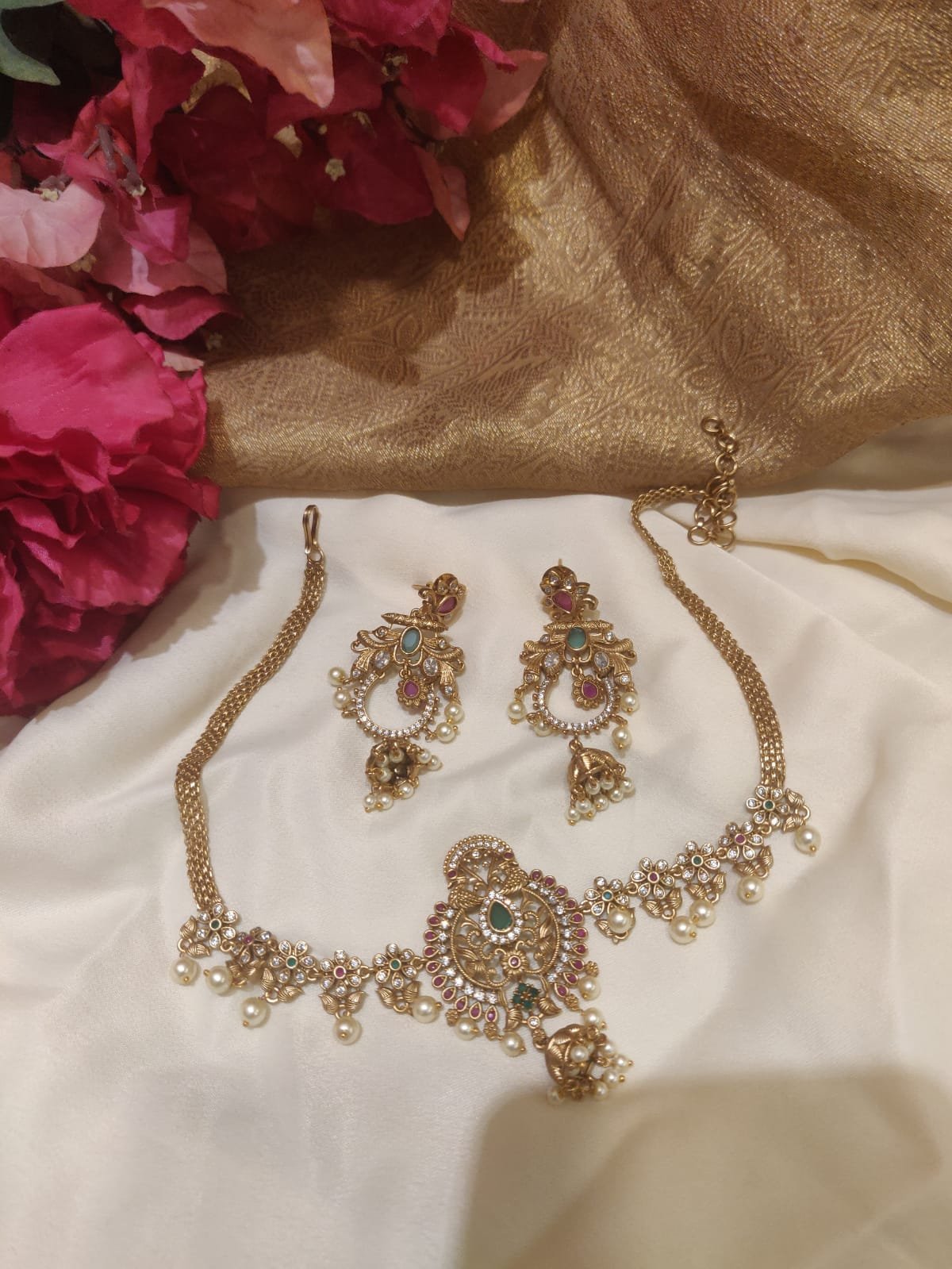 Opulent handcrafted gold finish pearl styled floral design foxtail chain choker