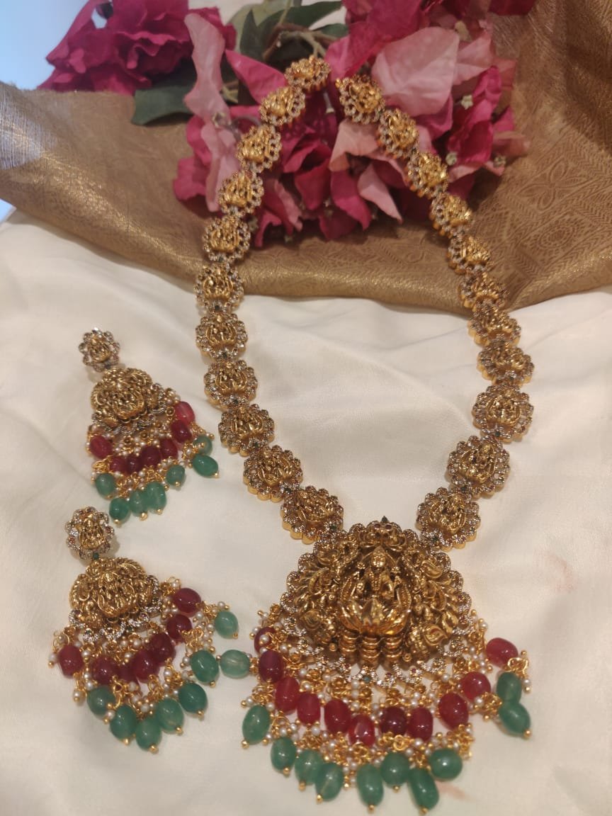 Opulent dual colored beads styled antique finish temple design long haram