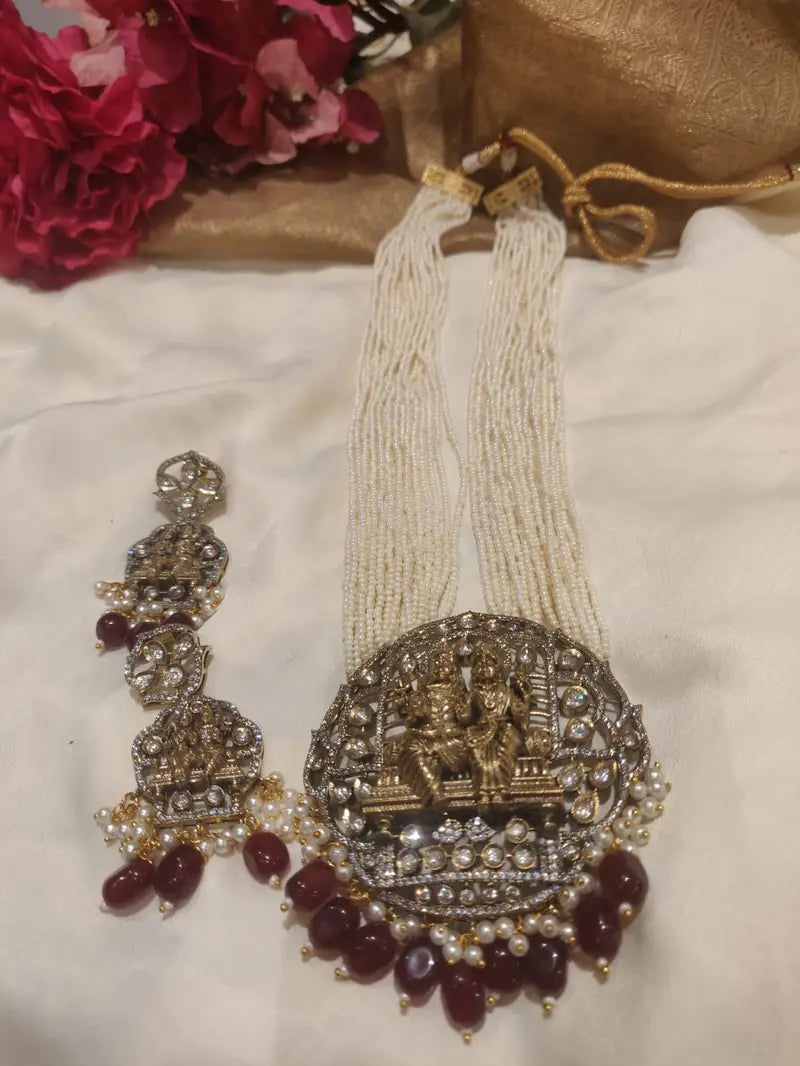 Handcrafted Black Finish AD Brass Radha Krishna Pendant Bloodred Beads Styled Rani Haar