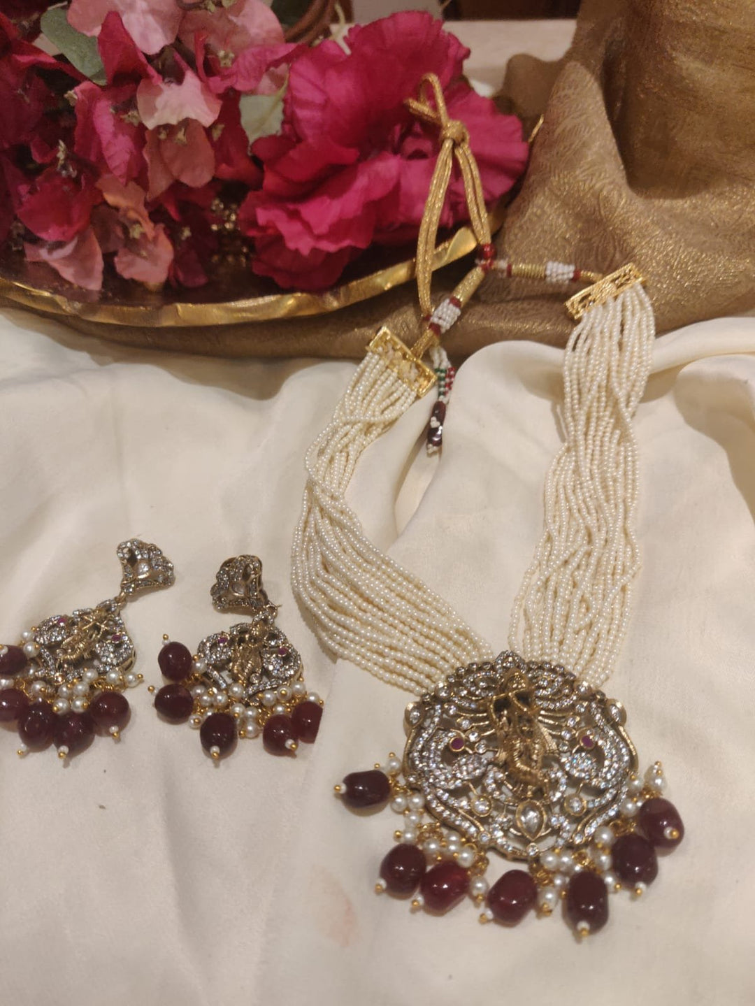 Elegant Handcrafted Red Beads Styled AD Krishna Pendant Short Rani haar