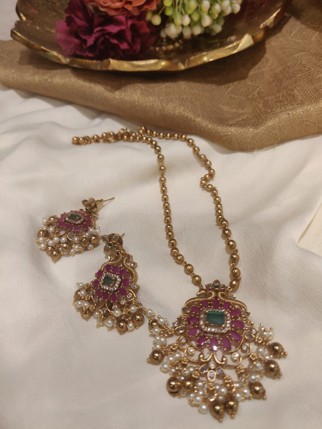 Premium Handcrafted Ruby Fitted AD Pendant Gold Beads Mala