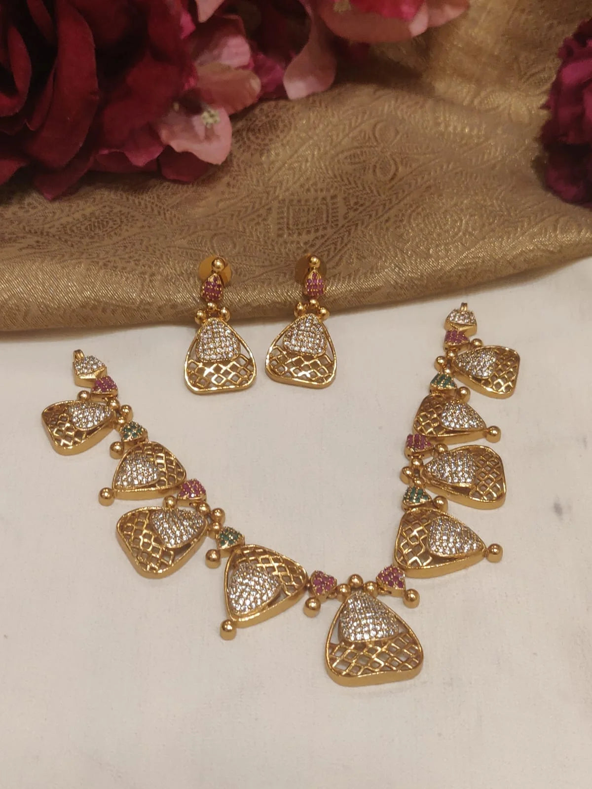 Exquisite designer red & green studded cz stone ad designer styled necklace short