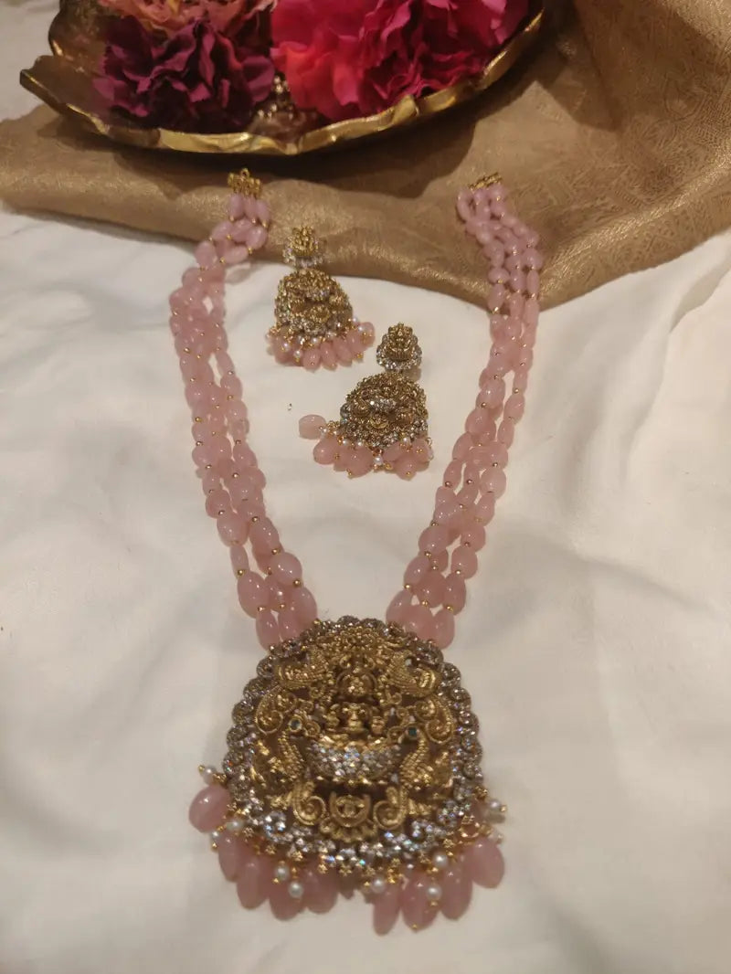 Handcrafted baby pink beads lakshmi pendant victorian necklace
