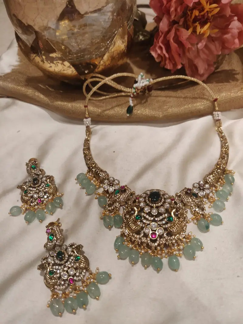 Premium Floral Design Sky Blue Beads Styled Kundan Necklace Short
