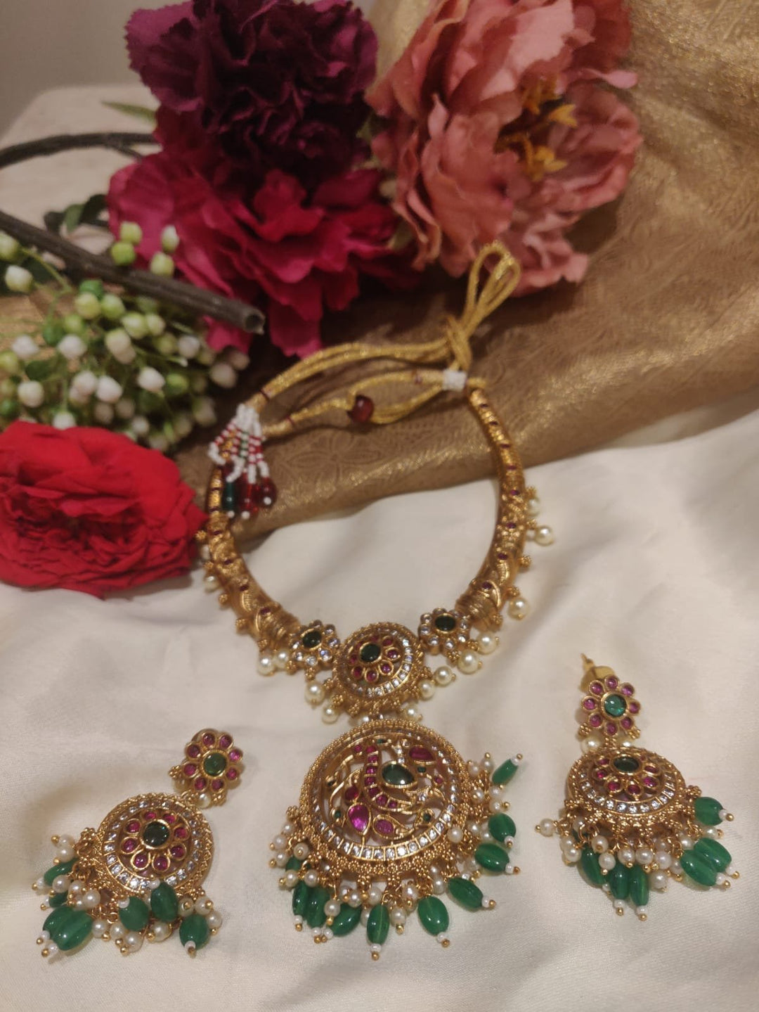 Magnificent Gold Plated Green Beads Styled Meenakari Peacock Pendant Bridal Necklace