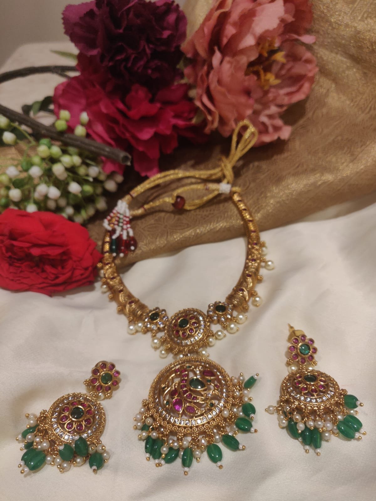 Magnificent gold plated green beads styled meenakari peacock pendant bridal necklace