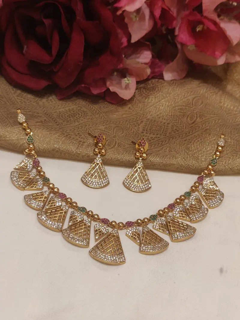 Opulent ad styled rhombus design gold plated necklace short