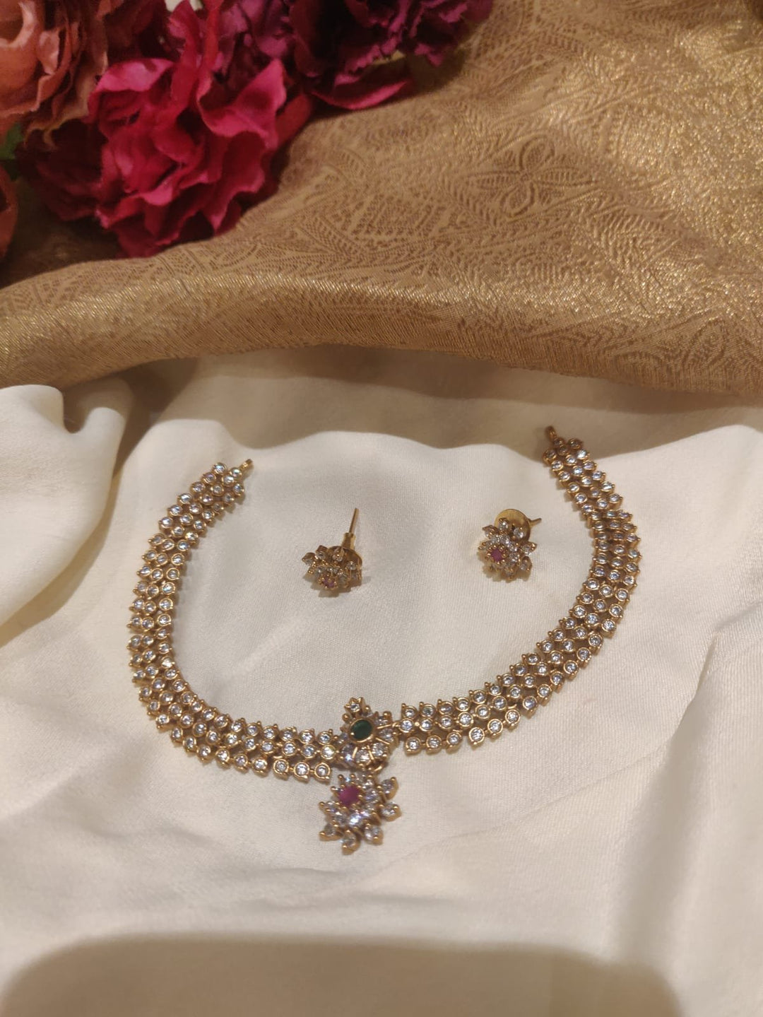 Alluring Gold Finish Floral Pendant AD Short Necklace
