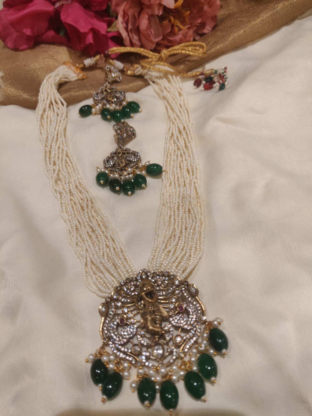 Maginificent handcrafted green beads styled krishna ad pendant rani haar
