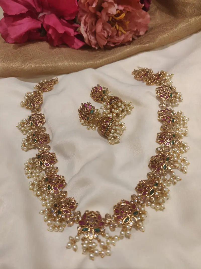 Opulent Handcrafted Pearl Styled kemp Lotus Design Necklace