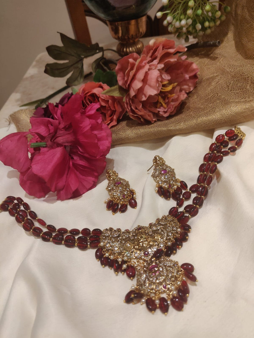 Magnificent Handcrafted Bloodred Beads Temple Design AD Pendant Choker