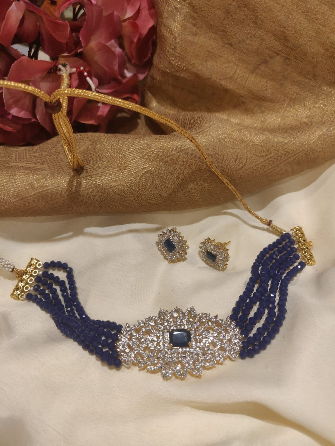 Elegant Handcrafted Navy Blue Beads AD Pendant Choker