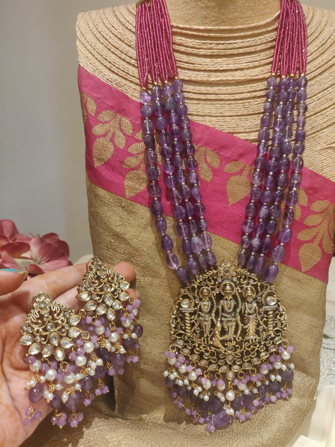 Limited Edition Handcrafted AD Ram Darbar Pendant Purple Beads Haar