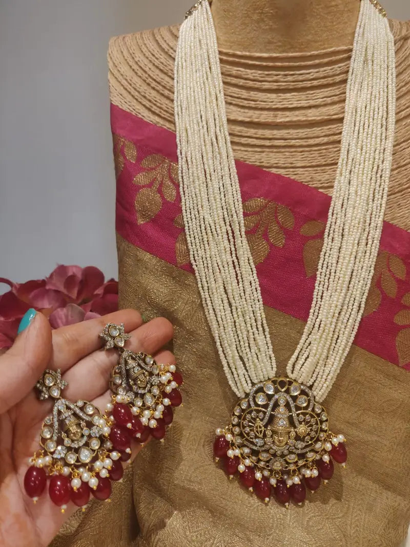 Opulent Handcrafted AD Fitted Tirupati Pendant Red Beads Styled Pearl Haar
